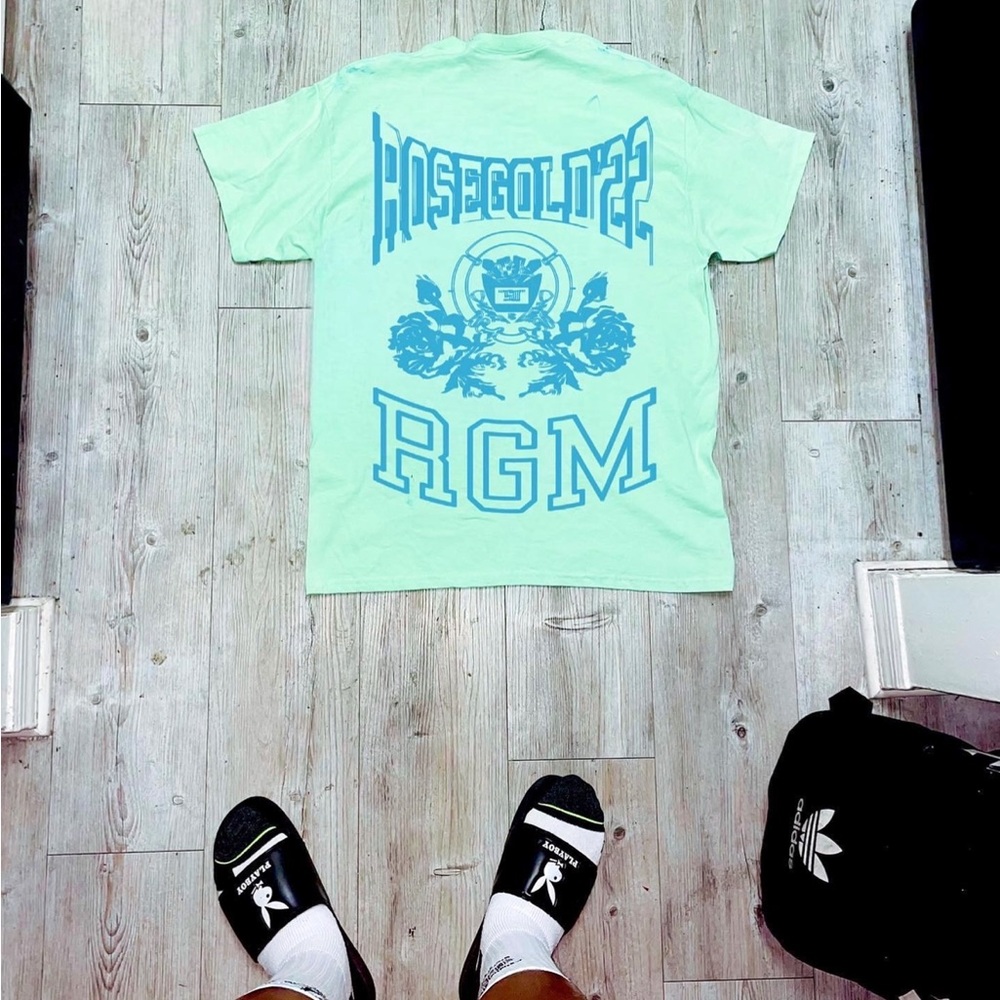 Mint green gildan crewneck t shirt. Screen printed with teal plastisol ink.